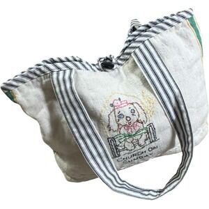 Handmade Embroidered Vtg Tea Towel Bag Purse Church Day Market Day Lined Coton‎